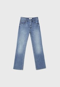 Jeans in denim azzurro chiaro con design a gamba dritta, dotati di tasche frontali, chiusura con zip e dettagli sbiaditi sulle cosce.