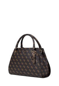 Sac à main noir en matériau synthétique, arborant un motif de logo doré, des poignées doubles et des accents en métal. Comprend un détail en forme de charme avec le logo.