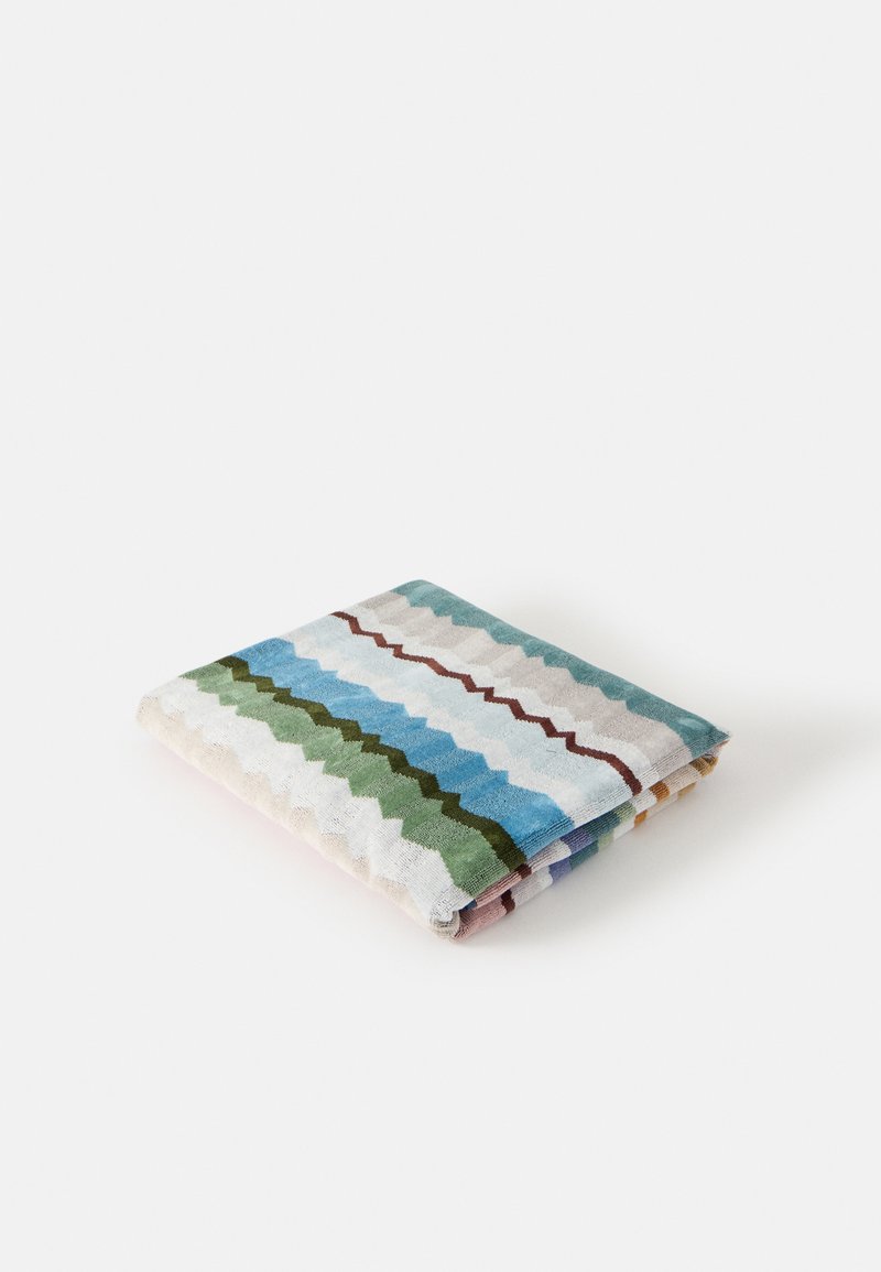 Tissu plié avec des rayures zigzag horizontales en vert, bleu, blanc et marron sur fond blanc.