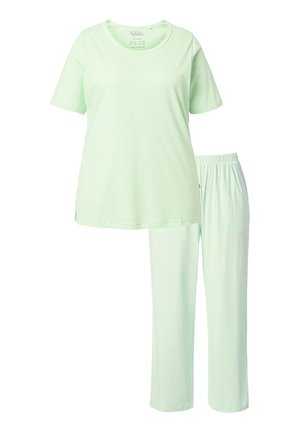 Conjunto de pijama de algodón verde claro que incluye una camiseta de manga corta con cuello redondo y pantalones a juego con cintura elástica, ambos con una textura suave.