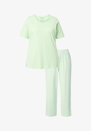Set di pigiama in cotone verde chiaro composto da una maglietta a maniche corte con scollo rotondo e pantaloni abbinati con vita elasticizzata, entrambi in un tessuto morbido.