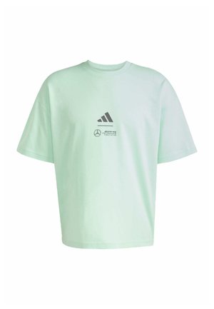 Mint green oversized t-shirt made of cotton blend, featuring black Adidas logo and Mercedes branding on the front. Short sleeves, round neck.