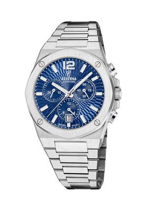 Náramkové hodinky Festina z nehrdzavejúcej ocele s modrým ciferníkom, striebornými hodinovými indexmi, tromi subciferníkmi, okienkom na dátum a tlačidlami chronografu na boku.