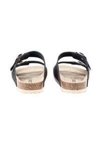 Sandalias negras con dos correas ajustables, plantilla de corcho y suela de goma de color claro. Textura suave y diseño minimalista.