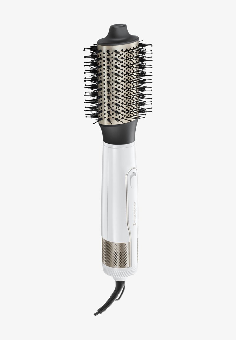 Rund hårborste med svarta borst och vitt handtag. Metallaccent vid basen. Designad för effektiv styling och hårtorkning.