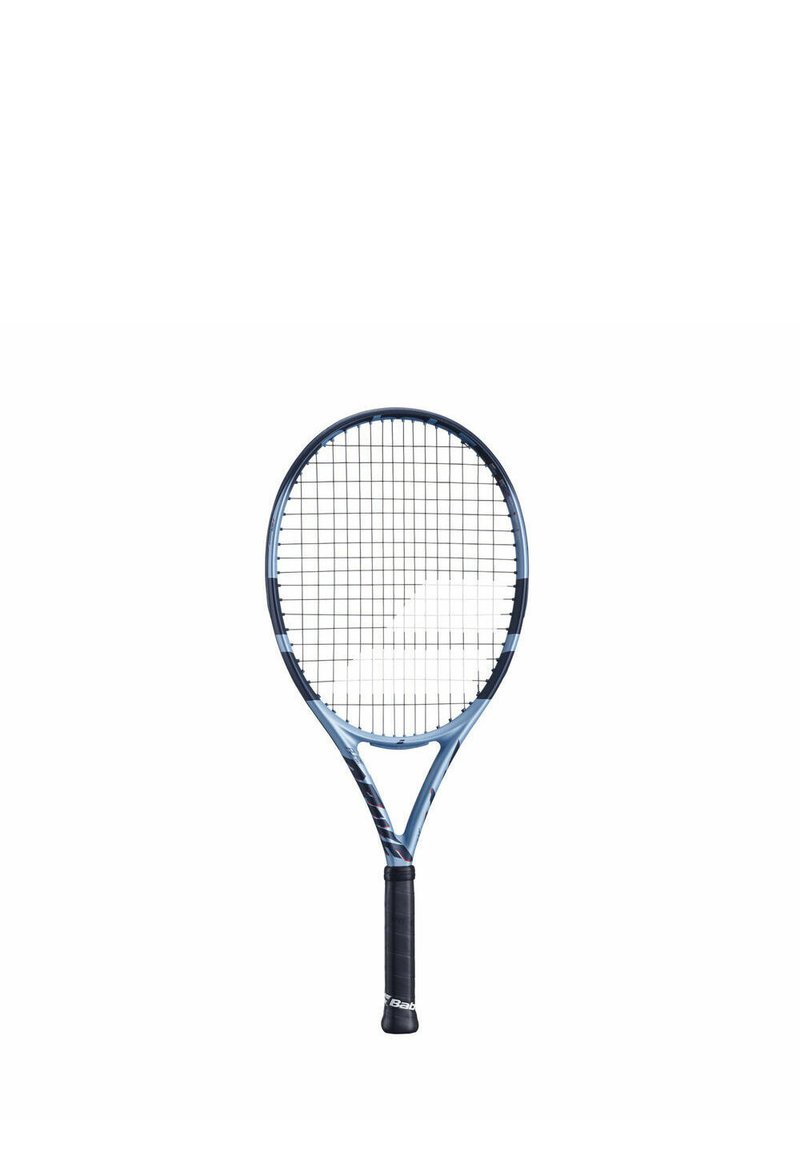 Tennisslag met een blauw en zwart frame, voorzien van een groot ovaal hoofd, een dicht koordpatroon en een gestructureerde zwarte grip.