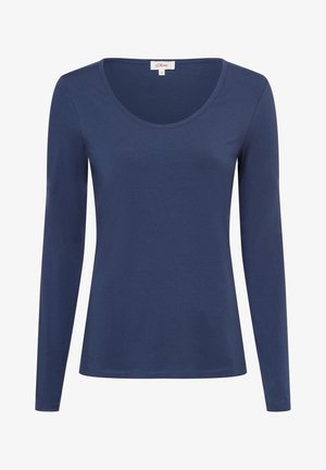 Mørkeblå langærmet skjorte med bådudskæring, slim fit og glat stof, størrelse 36, mærke s.Oliver.