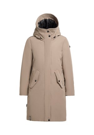 Beige eristetty parka, jossa on huppu, edessä vetoketju ja kaksi sivutaskua. Liukas, mattapintainen kangas, jossa on kontrastivärinen musta vuori.