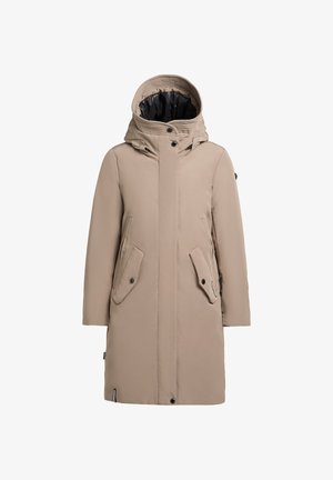 Beige eristetty parka, jossa on huppu, edessä vetoketju ja kaksi sivutaskua. Liukas, mattapintainen kangas, jossa on kontrastivärinen musta vuori.