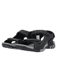 Mustat avonaiset sandaalit säädettävillä remmeillä ja harmailla kumipohjilla. Ominaisuuksiin kuuluu hengittävä rakenne ja teksturoitu pitopinta.