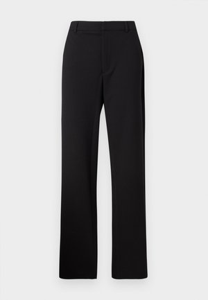 Black tailored trousers, straight leg design, smooth fabric with subtle texture, featuring a standard waistband and no visible pockets.