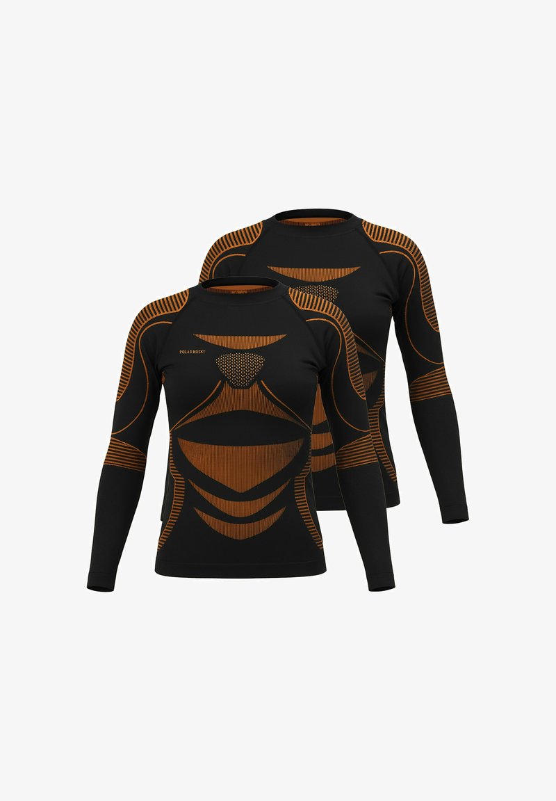 Black long-sleeve athletic shirts featuring orange textured patterns and accents. Made of a stretchy fabric with a fitted design.