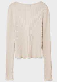 Beige Langarmoberteil mit gerippter Textur, rundem Ausschnitt und verkürztem Saum. Weicher, dehnbarer Stoff mit taillierter Silhouette.