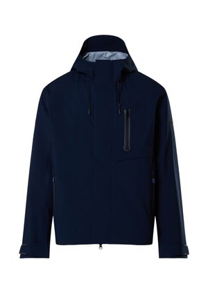 Veste imperméable bleu marine avec capuche, fermeture éclair centrale, poche poitrine à fermeture éclair verticale, deux poches latérales zippées et poignets ajustables.