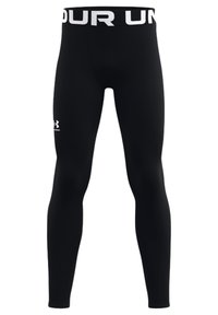 Zwarte sportleggingen met een aansluitend ontwerp, gemaakt van rekbaar materiaal. Voorzien van een brede tailleband met in witte letters "UNDER ARMOUR".