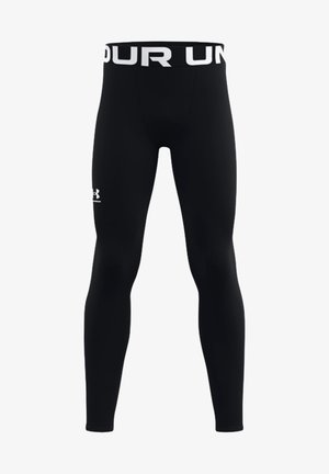 Leggings sportivi neri con un design aderente, realizzati in materiale elasticizzato. Presentano una vita alta con la scritta "UNDER ARMOUR" in lettere bianche.