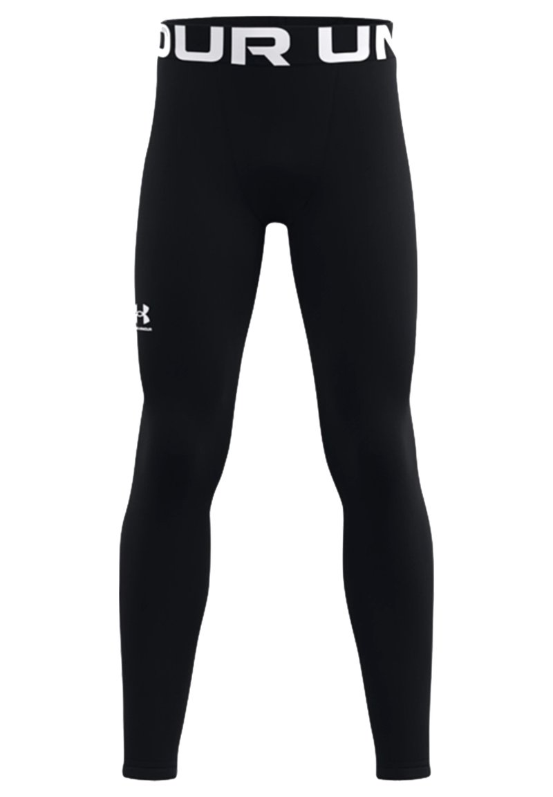 Zwarte sportleggingen met een aansluitend ontwerp, gemaakt van rekbaar materiaal. Voorzien van een brede tailleband met in witte letters "UNDER ARMOUR".