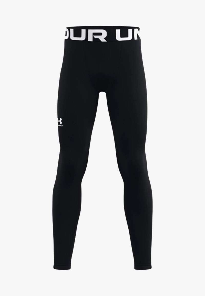 Schwarze sportliche Leggings mit eng anliegendem Design, aus dehnbarem Material gefertigt. Sie verfügen über einen breiten Bund mit "UNDER ARMOUR" in weißer Schrift.