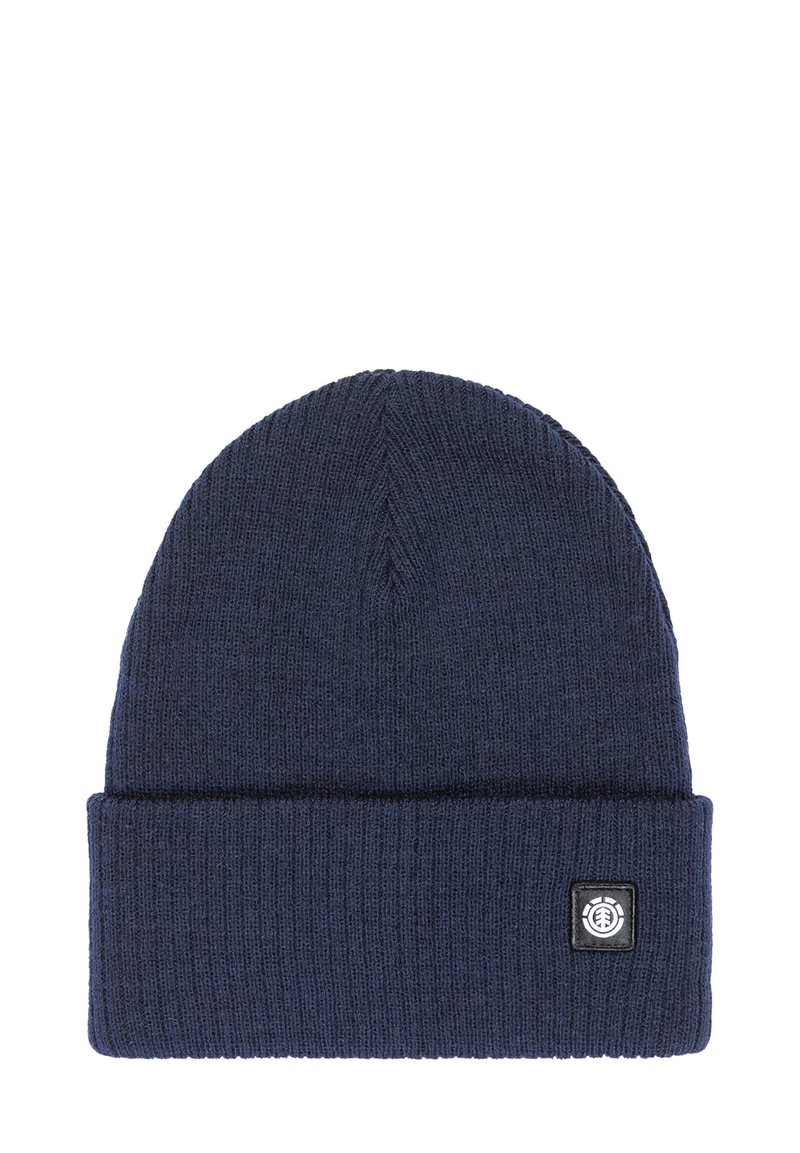 Navy blue knit beanie with a ribbed texture, folded cuff, and a small black logo patch on the front. Classic round shape.