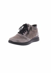 Gray suede shoe with a round toe, black laces, a side zipper, and a textured ankle in a contrasting material. Rubber sole for grip.