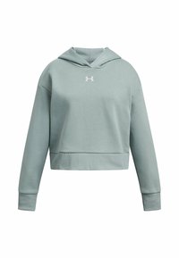 Haut court de couleur vert clair en tissu doux, avec une poche kangourou à l'avant, des manches longues et une capuche à cordon. Logo blanc sur la poitrine.
