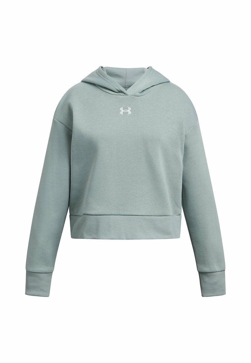 Haut court de couleur vert clair en tissu doux, avec une poche kangourou à l'avant, des manches longues et une capuche à cordon. Logo blanc sur la poitrine.