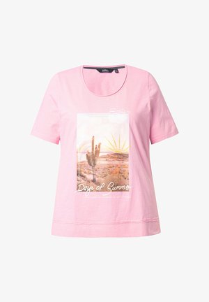 Růžové bavlněné tričko s kulatým výstřihem, krátkými rukávy a předním potiskem s motivem kaktusu a textem "Dny léta."