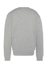 Felpa grigia a pullover realizzata in tessuto morbido e leggero, con scollo rotondo, maniche lunghe e polsini a costine, senza loghi o design visibili.