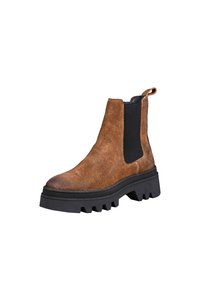 Brown suede ankle boots with a black elastic side panel, sturdy black rubber sole, and a pull tab at the heel for easy wear.