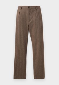 Pantaloni brown a vita alta con passanti per cintura, bottone frontale, chiusura con zip e sottile motivo a rombi verticali.