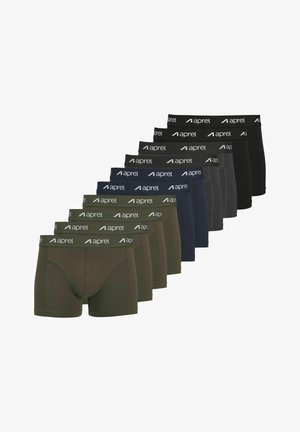 Un lot de slips boxers de différentes couleurs : vert olive, marine, noir et gris. Chacun arbore une taille noire avec le logo "aprel".