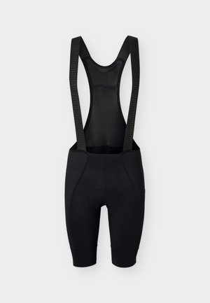 Svarte sykkel bib-shorts med nettingpanel på ryggen og elastiske skulderstropper, designet for komfort og støtte under turer.