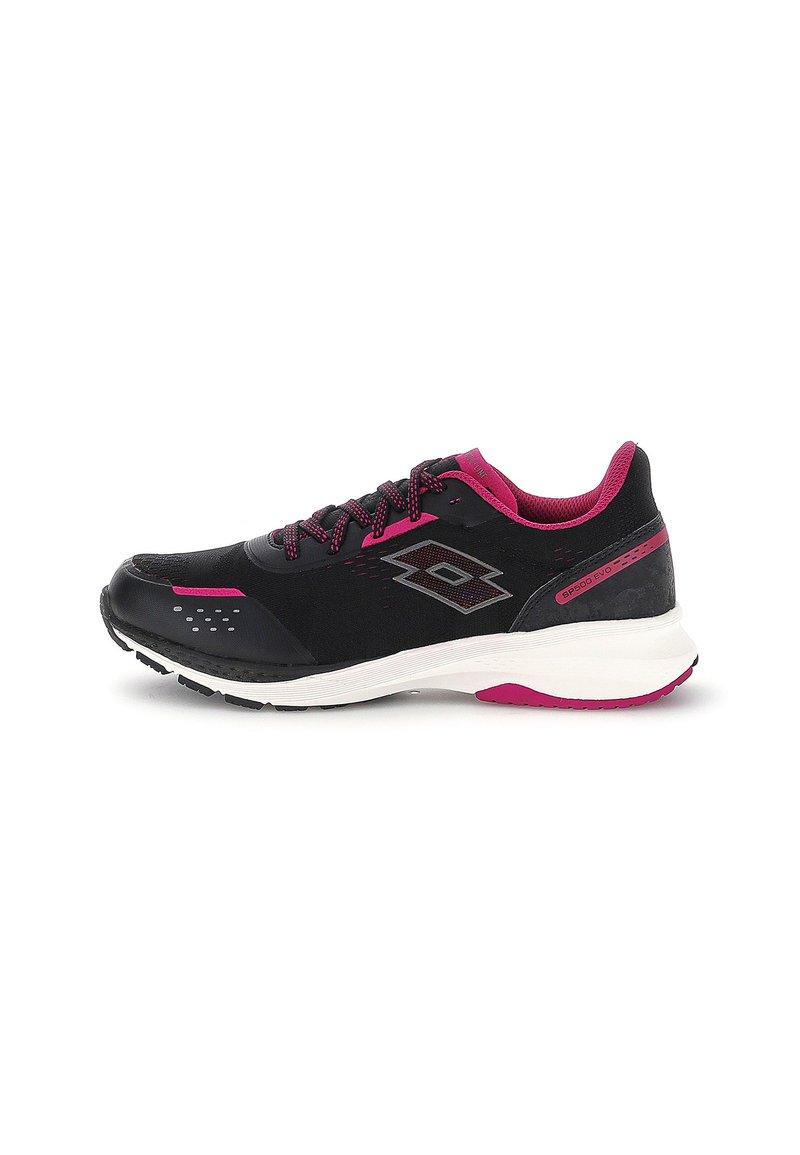 Black athletic shoe with pink accents, featuring a breathable mesh upper, textured details, and cushioned white sole.