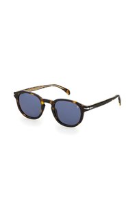 Schildpatt-Sonnenbrille mit runden Gläsern, dunkler blauer Tönung und eleganten schwarzen Akzenten an den Bügeln. Glänzende Oberfläche, leichtes Design.