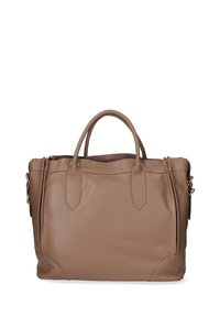 Borsa in pelle color marrone chiaro con doppi manici, chiusura a zip e texture morbida. Presenta bordi arrotondati e cuciture dettagliate.