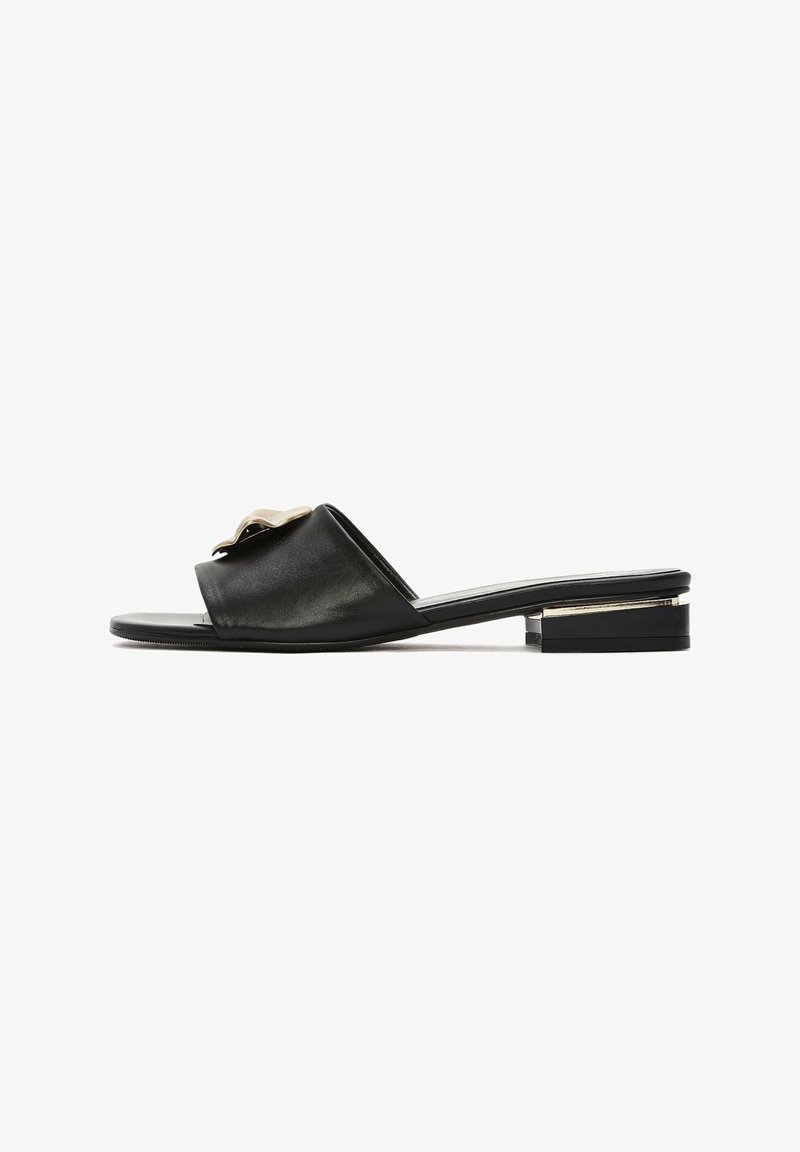 Mule en cuir noir à bout ouvert avec un petit talon carré et une boucle dorée sur le dessus, présentée de profil sur fond blanc.