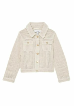 Vævet cremefarvet cropped jakke med kravehals, to brystlommer og knapper i guldtoner. Tekstureret stof med åben strikkedesign.