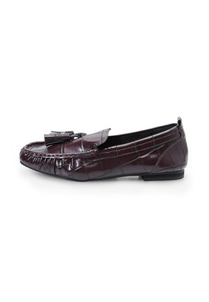 Burgundy leather moccasin with a textured finish, featuring a bow accent, stitching details, and a low heel.