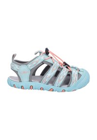 Sport sandals with a turquoise and grey design, featuring elastic laces, adjustable straps, and a textured rubber sole with orange accents.