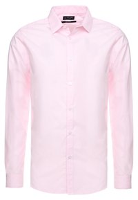 Camicia a maniche lunghe di un delicato rosa con bottoni, realizzata in cotone morbido, caratterizzata da un colletto classico e bottoni bianchi lungo la parte anteriore.
