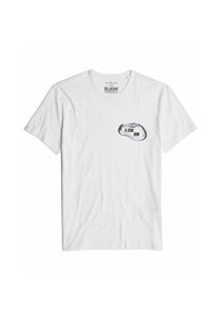 T-shirt bianco a maniche corte con una piccola grafica nera e il testo "G-STAR RAW" sul lato sinistro del petto, colletto rotondo, disteso.