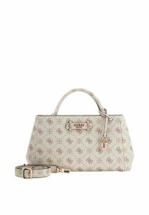 Sac à main blanc avec un motif géométrique de logo en marron clair. Comprend des ferrures dorées, des doubles poignées et une bandoulière amovible.