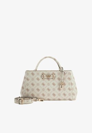 Sac à main blanc avec un motif géométrique de logo en marron clair. Comprend des ferrures dorées, des doubles poignées et une bandoulière amovible.