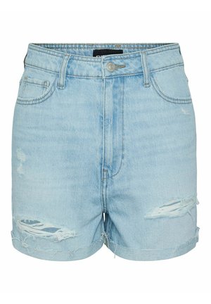 Shorts in denim azzurro chiaro con vita alta, orlo sfrangiato e dettagli strappati, dotati di due tasche frontali e chiusura con bottone metallico.