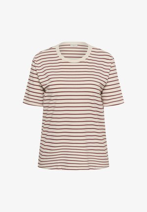 T-shirt met korte mouwen en ronde hals, met dunne horizontale rode strepen op een witte achtergrond, rechte zoom en een losse pasvorm.