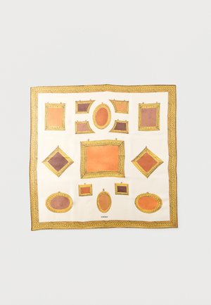 Square scarf with various empty ornate gold-framed shapes in shades of brown and orange on a white background, Versace logo below.