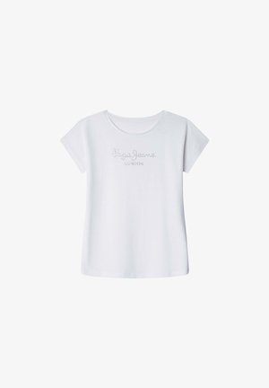 Biała koszulka z krótkim rękawem, okrągłym dekoltem i małym, centralnie umieszczonym napisem ze szlifowanych kamieni, brzmiącym "Pepe Jeans London."