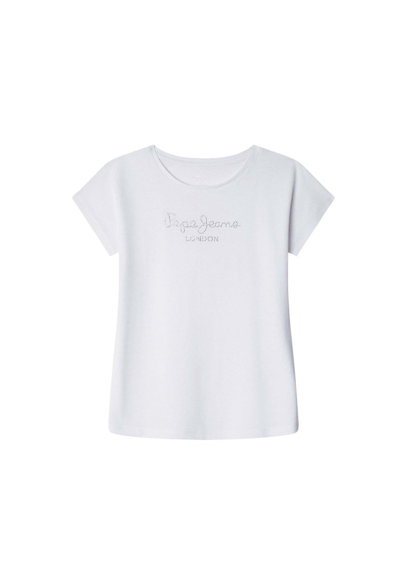 White short-sleeve T-shirt with round neck and small, centered text made of rhinestones reading "Pepe Jeans London."