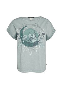 T-shirt à manches courtes, bleu sarcelle clair, avec un motif floral et un croissant de lune. Texture douce avec une coupe décontractée et des manches roulées.