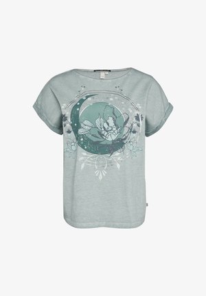 T-shirt z krótkim rękawem w jasnym odcieniu turkusu z graficznym motywem kwiatowym i półksiężycem. Miękka faktura, luźny krój i podwinięte rękawy.
